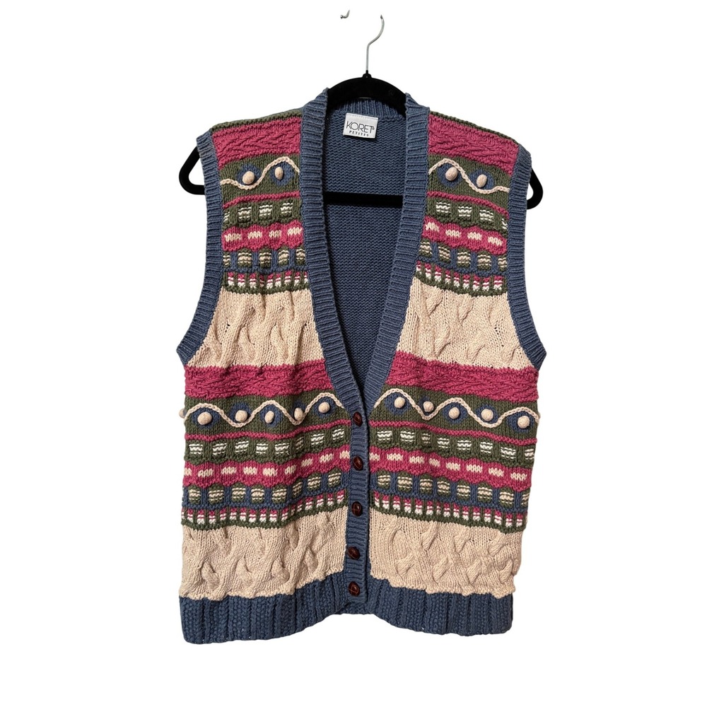 Koret‎ Petites Vintage Fair Isle Cable Knit Sweater Vest Blue Pink Green S